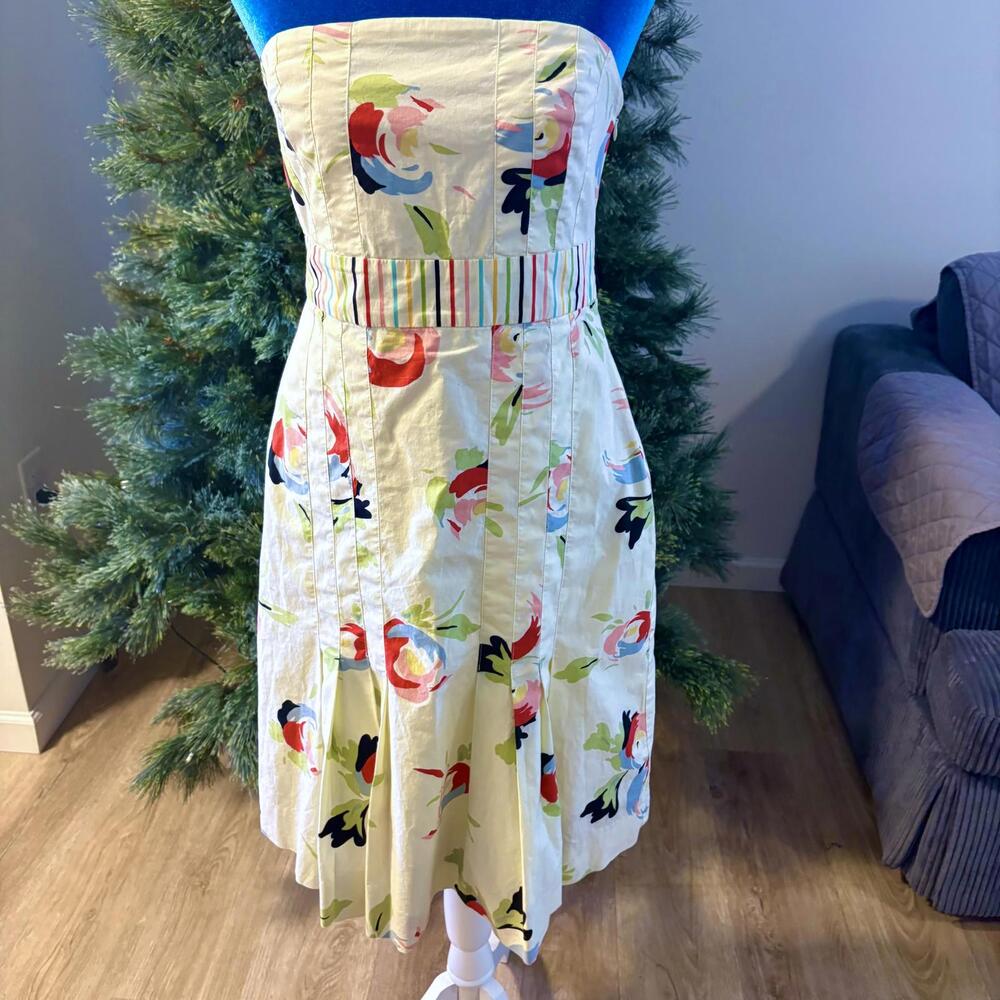Anthropologie Maeve Pleated Floral Striped Dress Strapless 6
